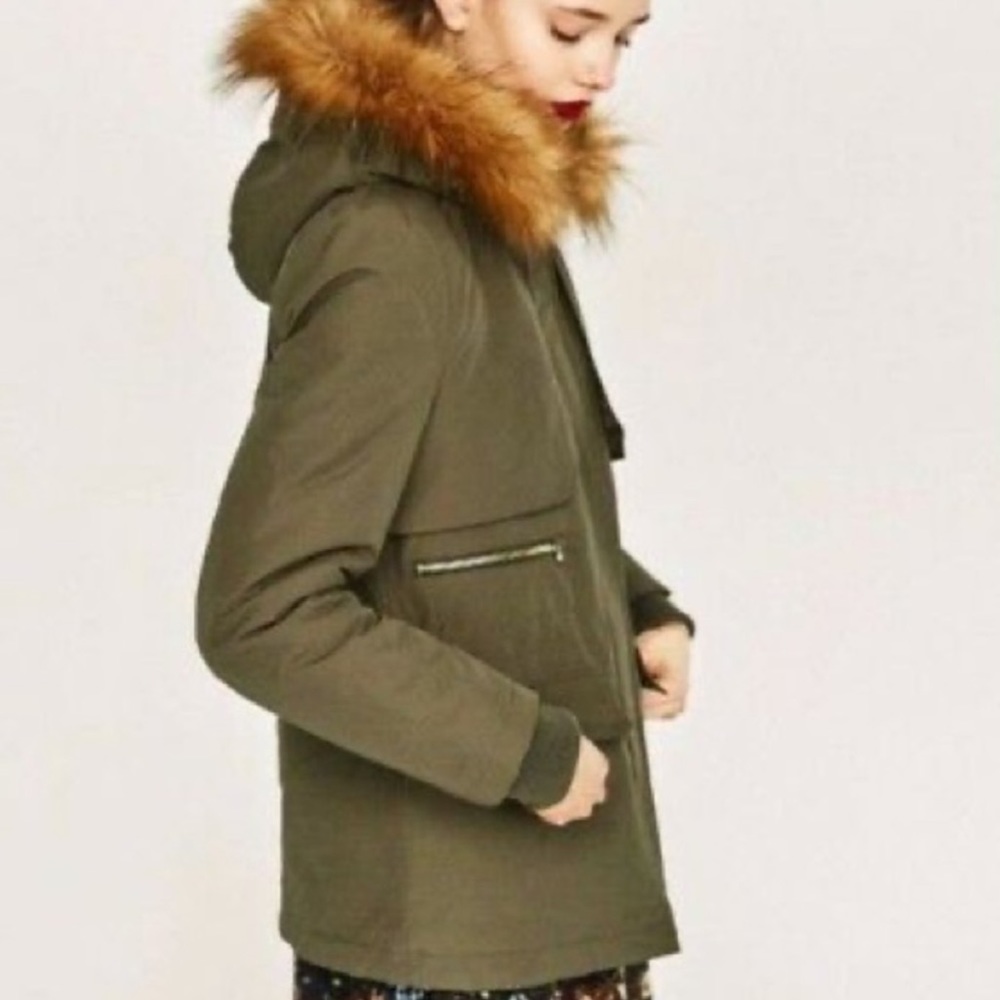 Zara Basics Army Green Waterproof Coat with Fur Hood